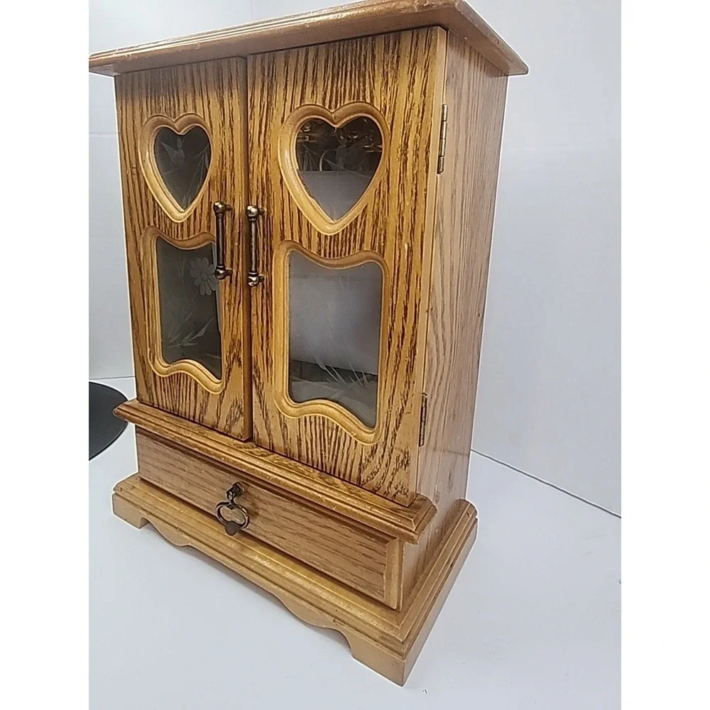 Vintage Wooden Musical Jewelry Box Armoire Heart Drawers Etched Glass